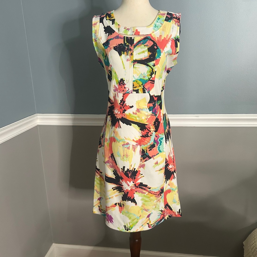 Nina Leonard Dress Abstract Print Sleeveless Career Casual White‎ Multi Size M
